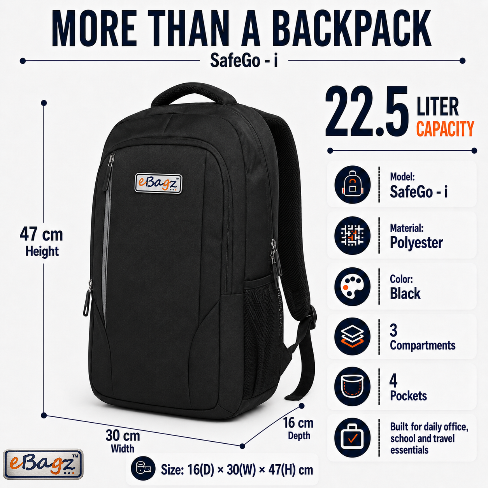 SafeGo-I 22 Liter Black GPS Backpack