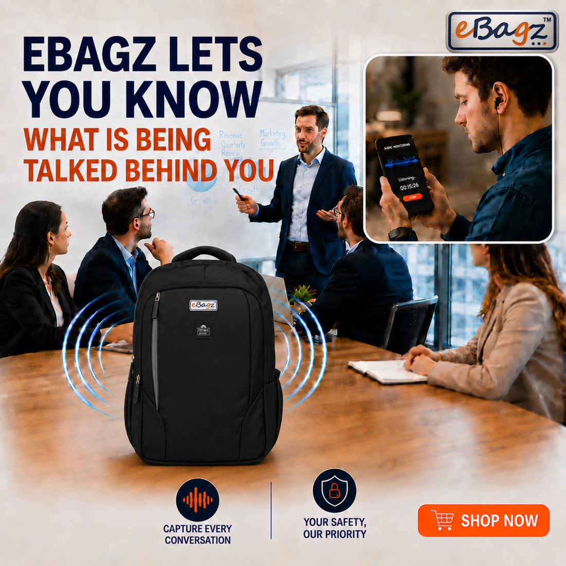 SafeGo-V 22 Liter Black GPS+Voice Monitor Backpack