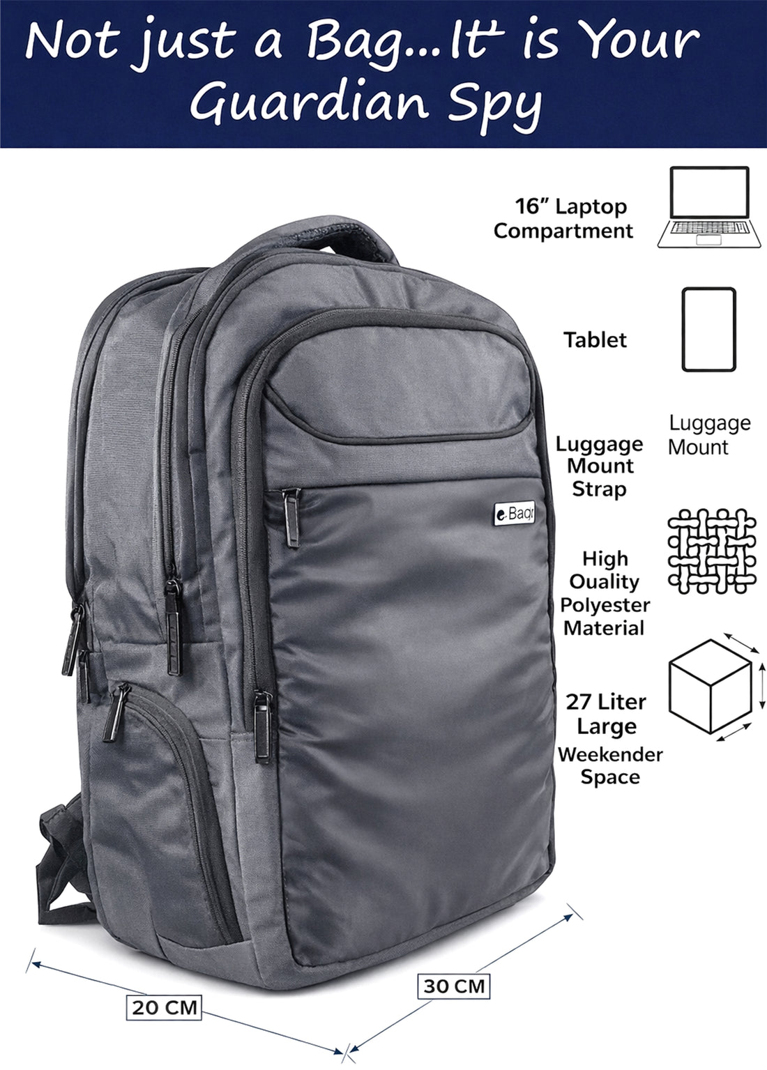 SafeMate-I 27 Liter Grey GPS Backpack